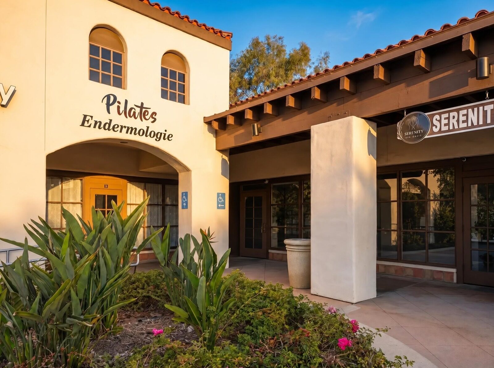 Suite C11 under the tile-roofed arcade at 31105 Rancho Viejo Road, late afternoon