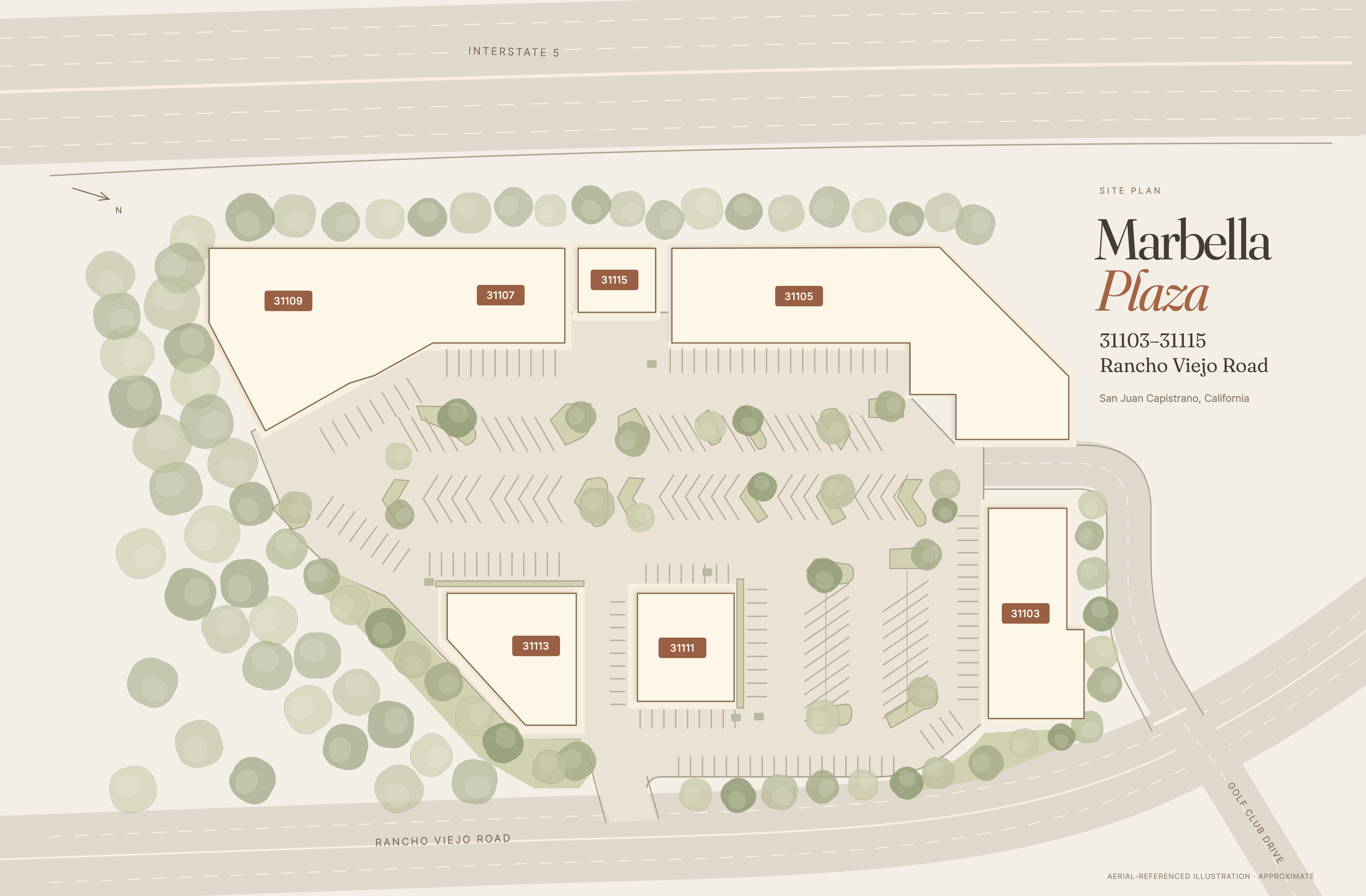 Marbella Plaza site plan: six buildings between Interstate 5 and Rancho Viejo Road