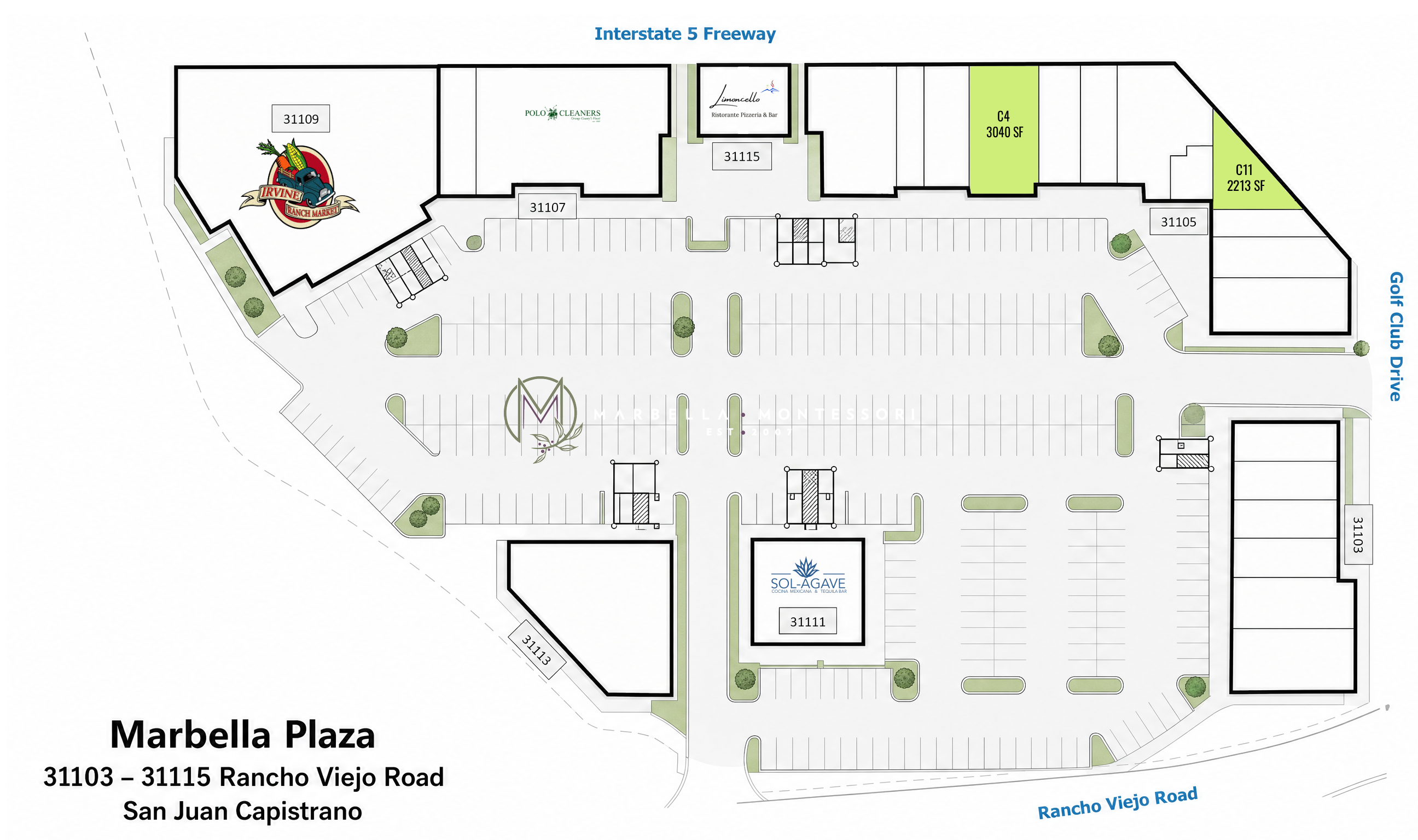 Marbella Plaza site plan with available spaces highlighted